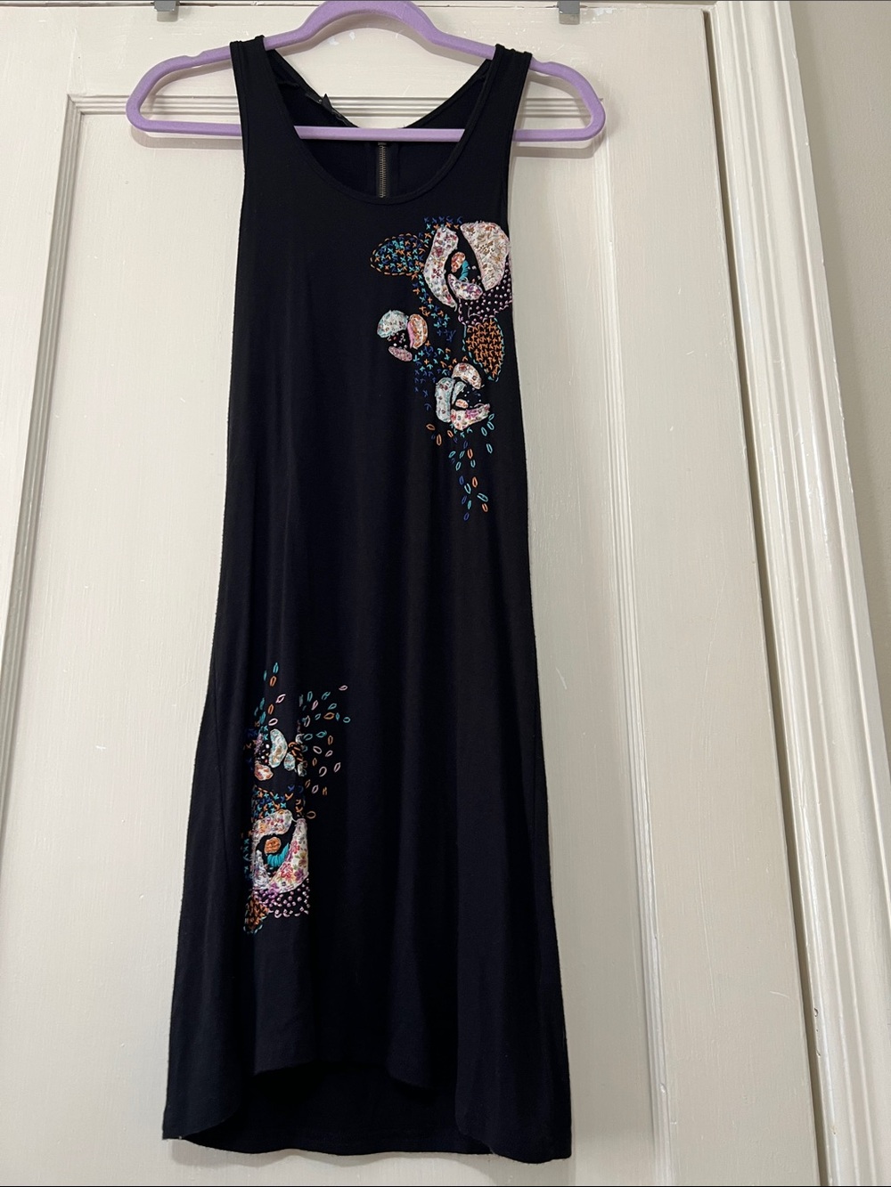 Double Zero Black Midi Jersey Dress with Multicolor Floral Motifs